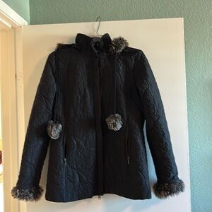 CAbi Black quilted coat with detachable faux fur lined hood. Size M